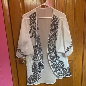 White Sheer Kimono with Black Leaf Embroidery
